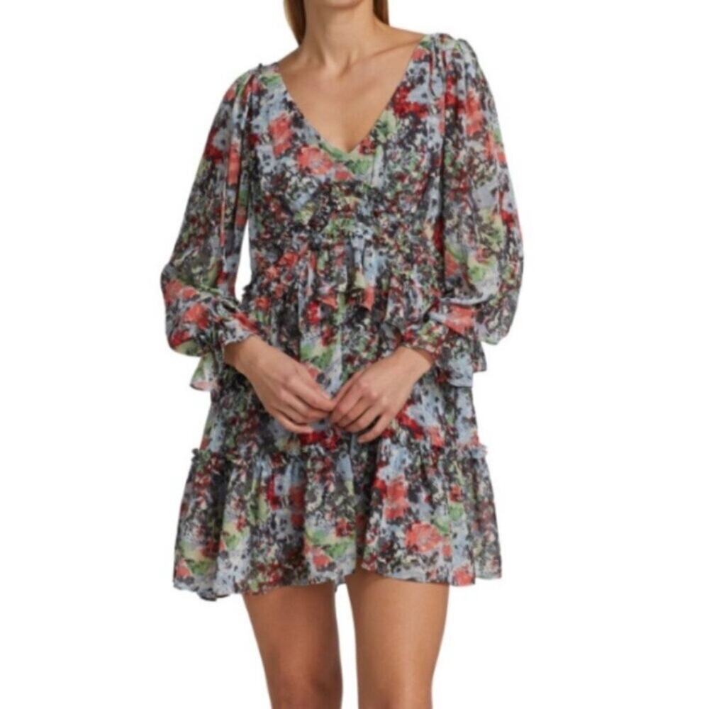 Cinq A Sept Blue Abstract Floral Lewis Tiered Mini Dress Sz.10